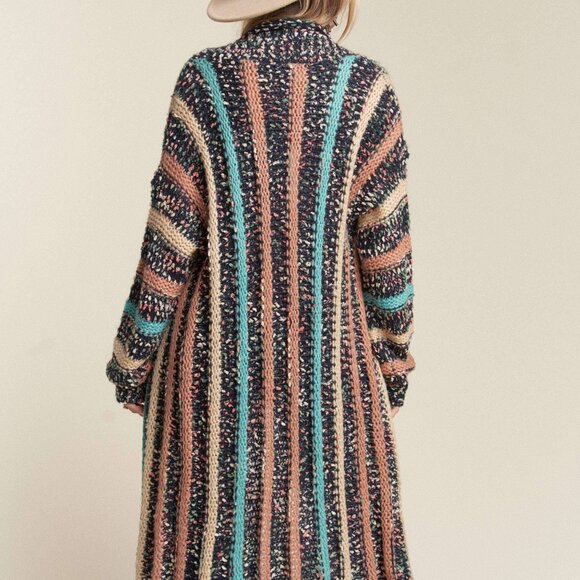 NWT MADELYN Fringe Hem Multi-Stripe Duster Cardigan Navy Peach Teal Size Small - Picture 3 of 3